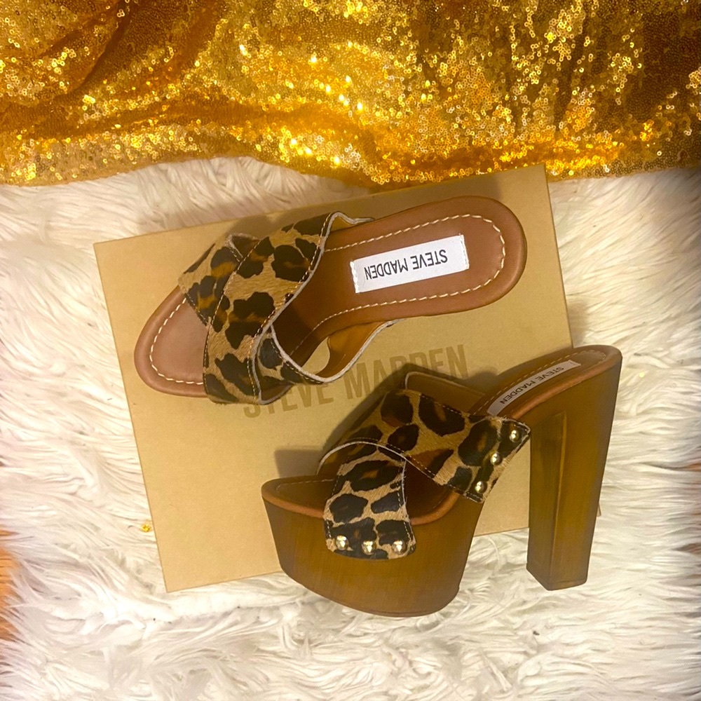 Leopard Print Platform Mule Heels - Brown Size 9 - Picture 5 of 11